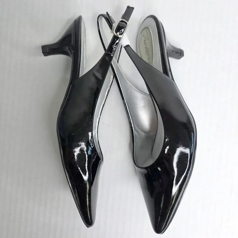 Trotters Black Patent Slingback Kitten Heels Size 6 W Pointed Toe Pumps Office - Picture 12 of 13